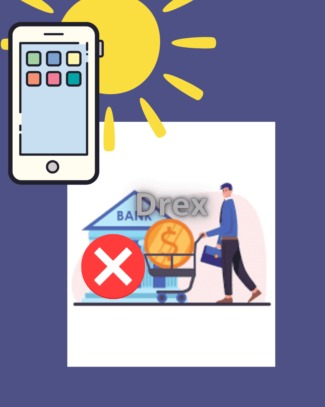 Dinheiro em um carrinho de supermercado com símbolo de banco e marcação de erro, simbolizando problemas financeiros ou erros bancários na gestão de dinheiro.