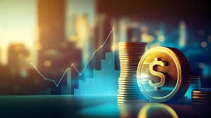 Investimento financeiro e crescimento econômico representados por moedas, gráficos de aumento e símbolo de dólar em destaque, destacando estratégias de crescimento financeiro.